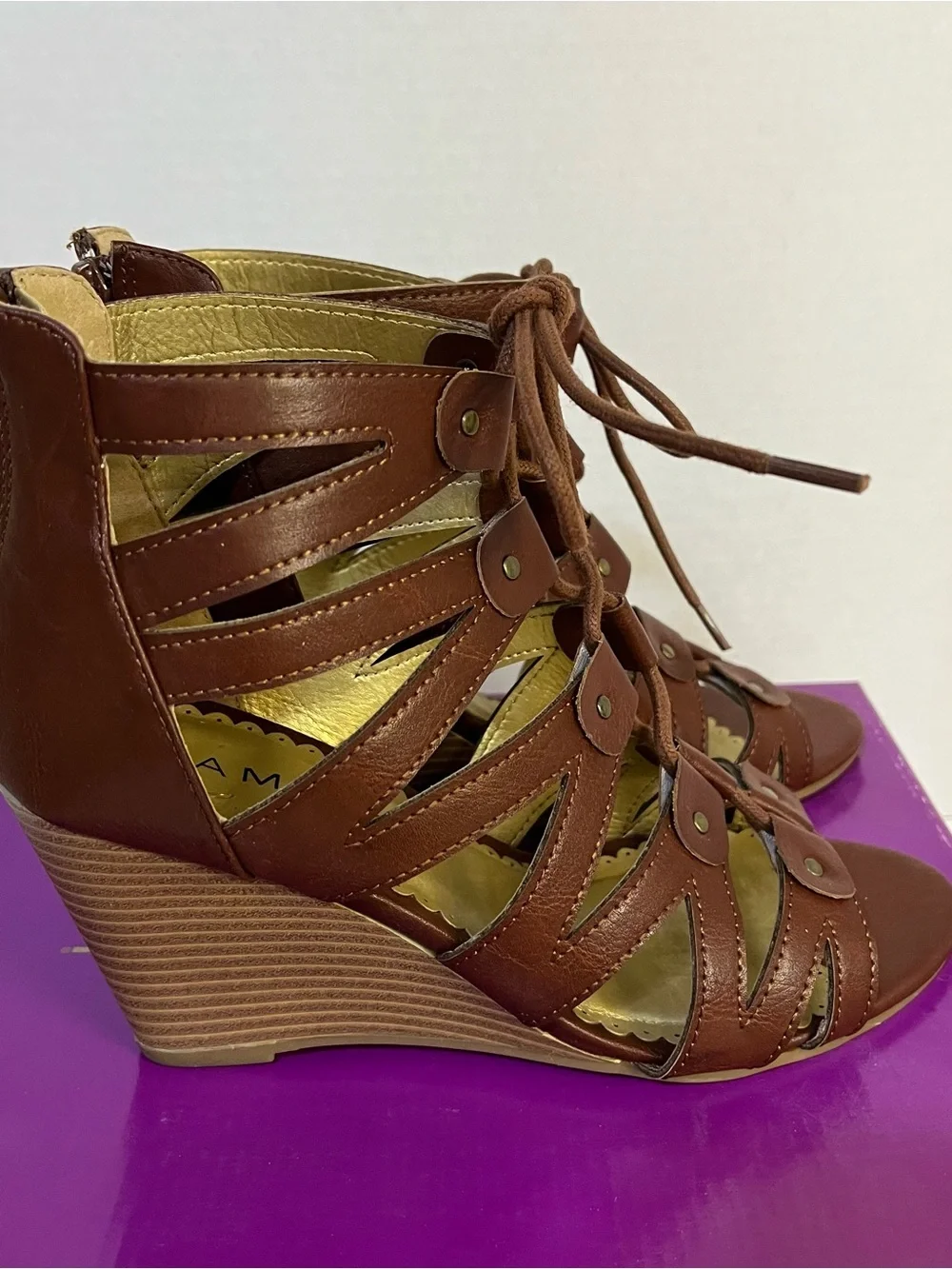 Rampage Cognac Brown Strappy Lace-Up Wedge Sandals